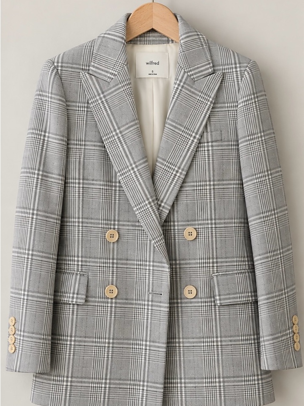 Wilfred Gray Plaid Double-Breasted Blazer Jacket